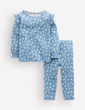Ensemble en coton et pointelle-Motif petites fleurs bleu glacier