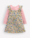 Ensemble robe chasuble en jersey-Motif petites fleurs bleu multi
