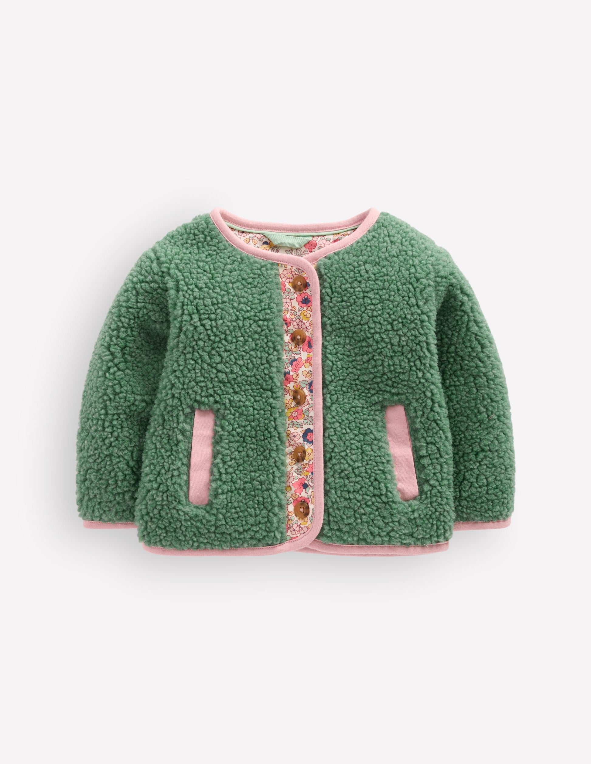 Cosy Borg Button-Down Jacket-Larch Green Floral-2