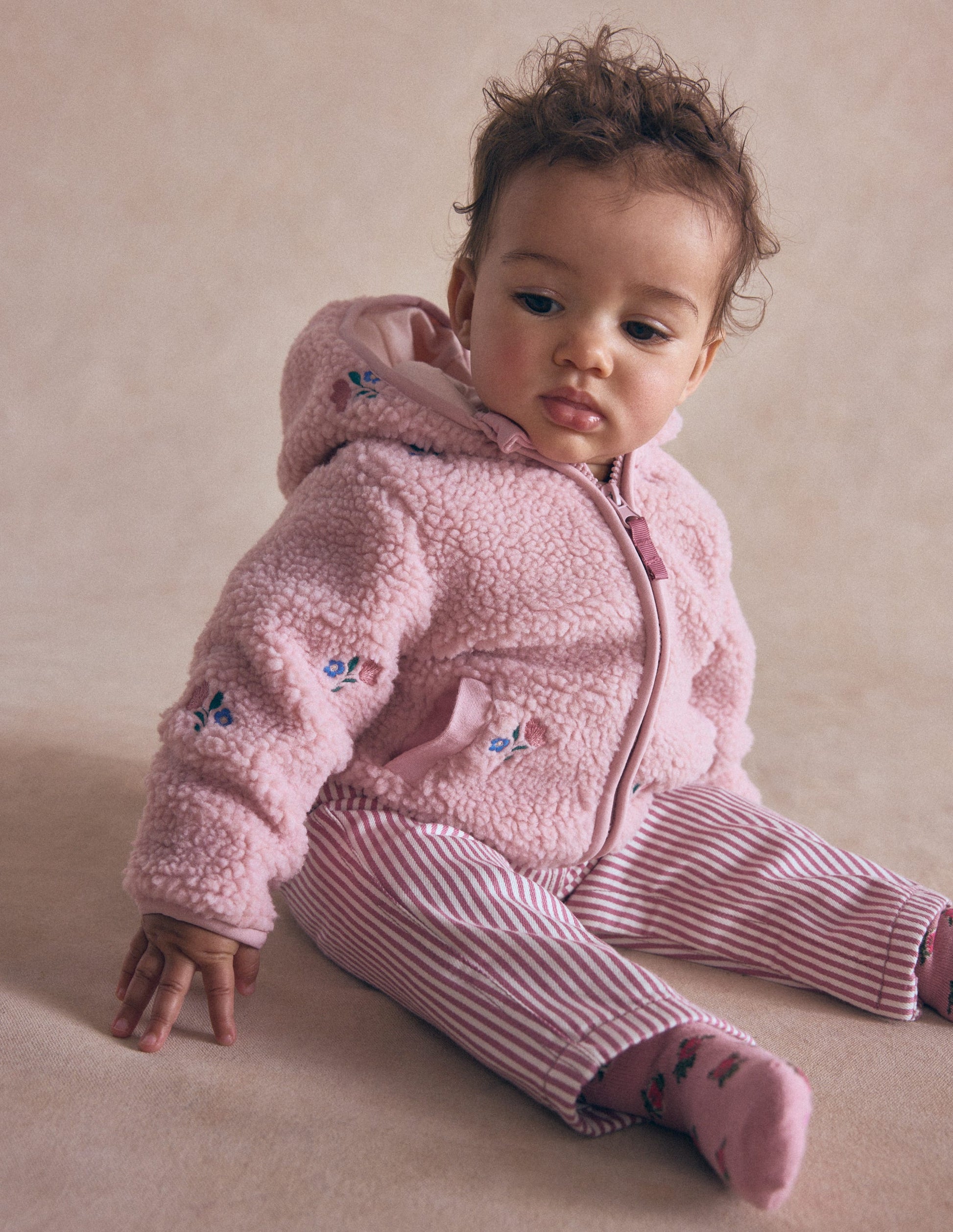 Bestickte Teddyfelljacke-Pink Geblümt-1