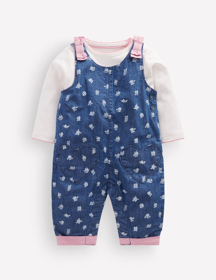 Ensemble avec salopette tissée-Roses chambray