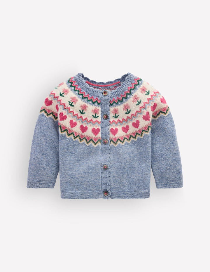 Fair-Isle-Strickjacke-Gletscherblau Meliert