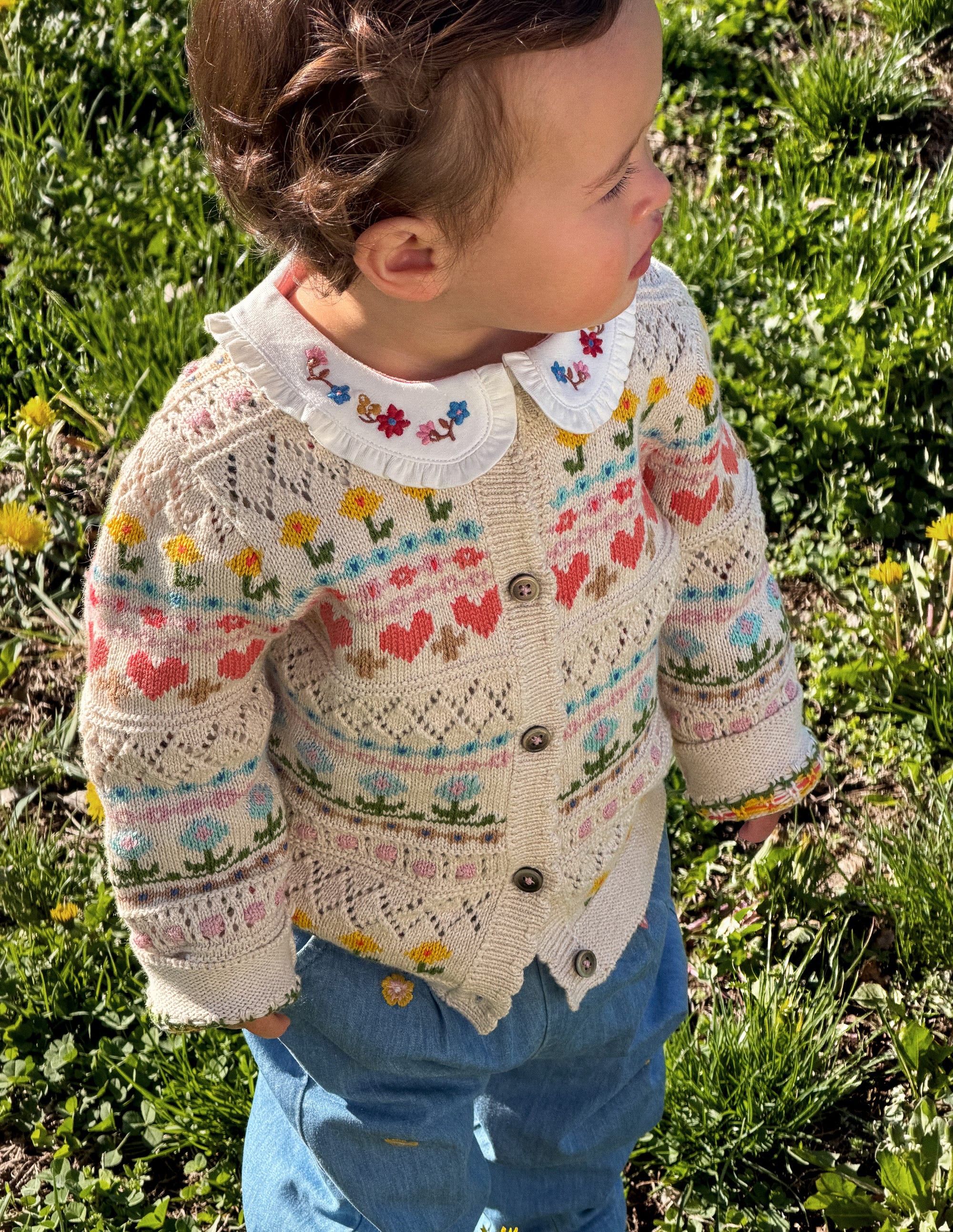 Fair-Isle-Strickjacke aus Baumwolle-Haferbeige Meliert Bunt Blumen - Image 4