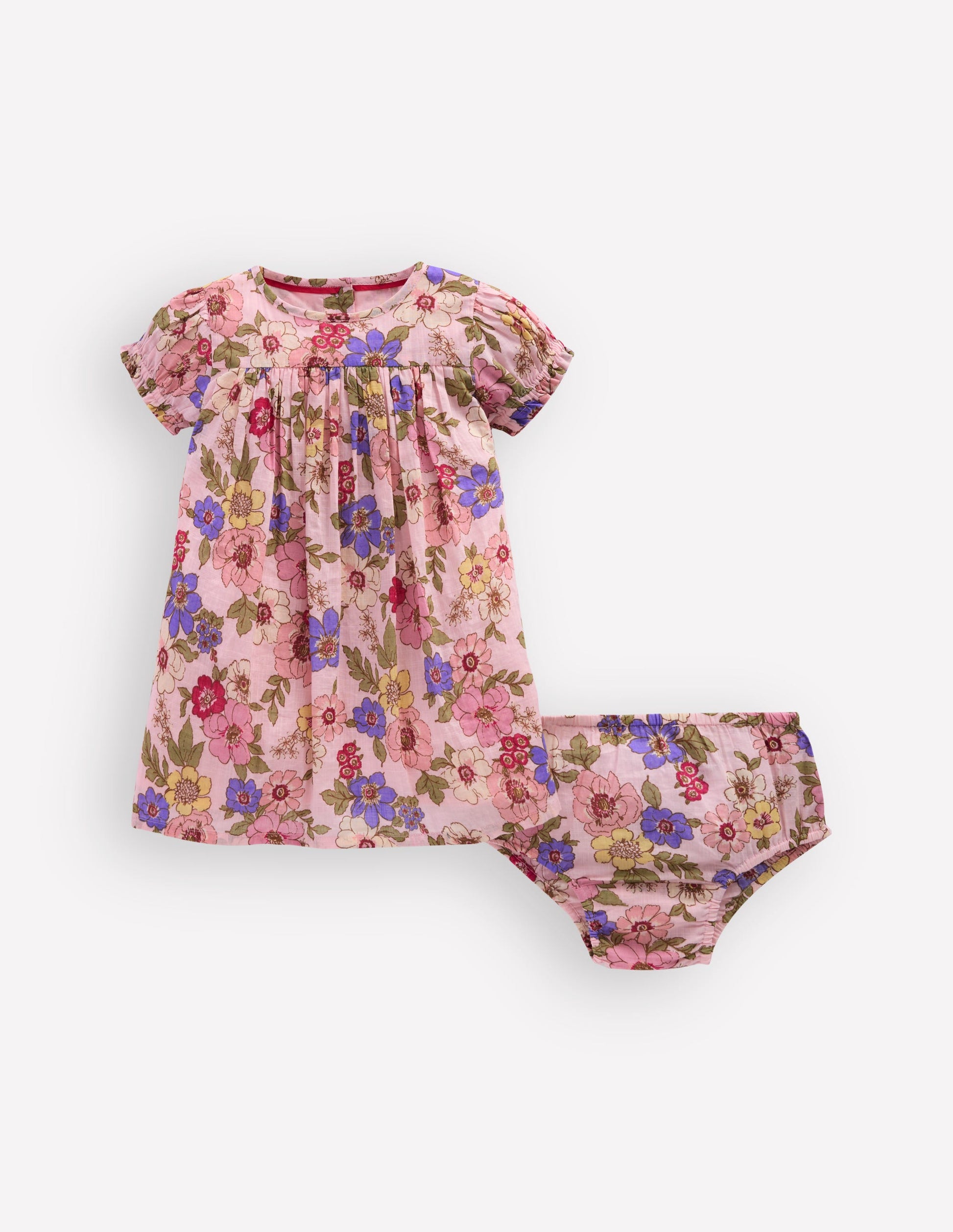 Gerafftes, gewebtes Kleid-Mittelrosa Blumenmuster-2