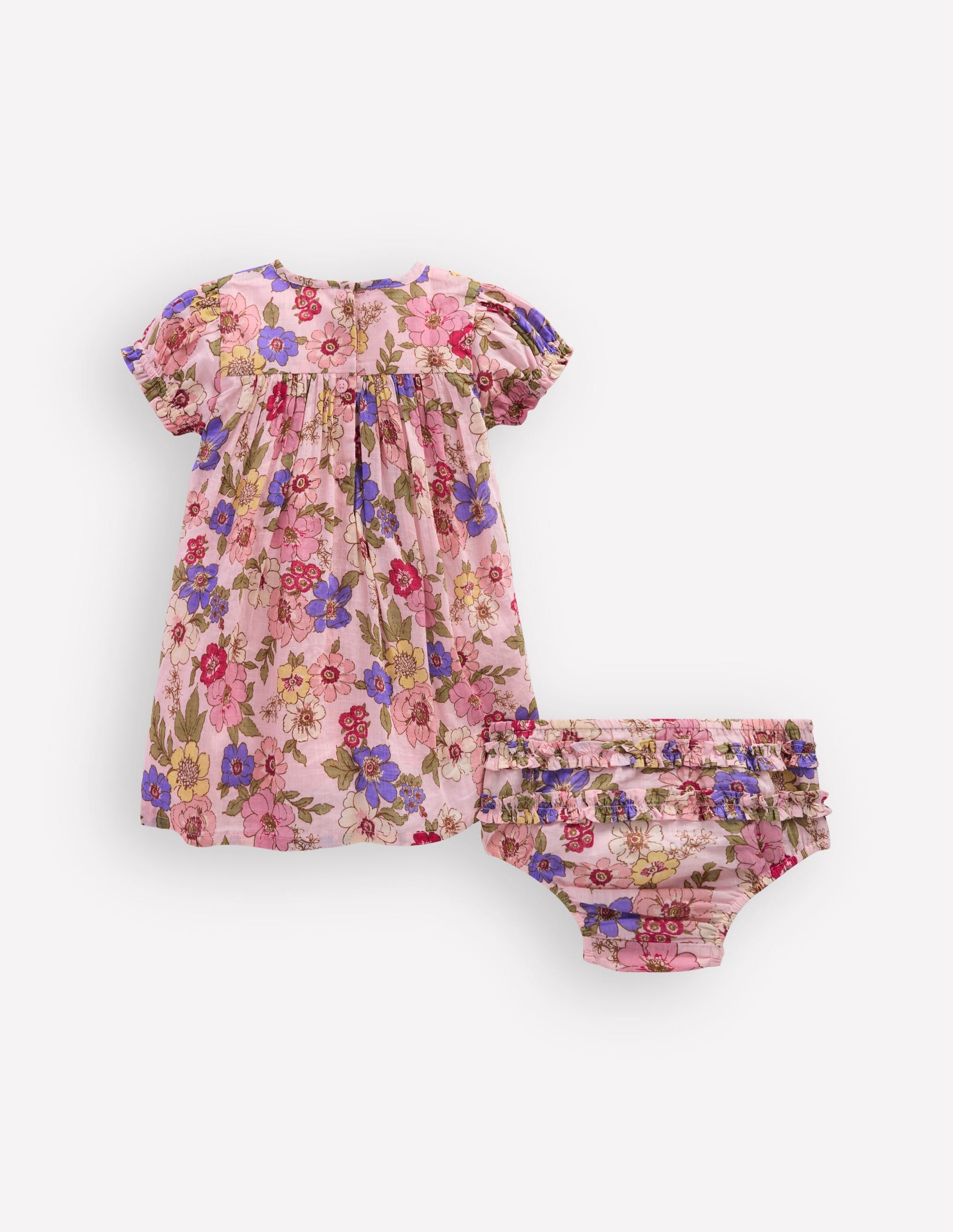 Gerafftes, gewebtes Kleid-Mittelrosa Blumenmuster-3