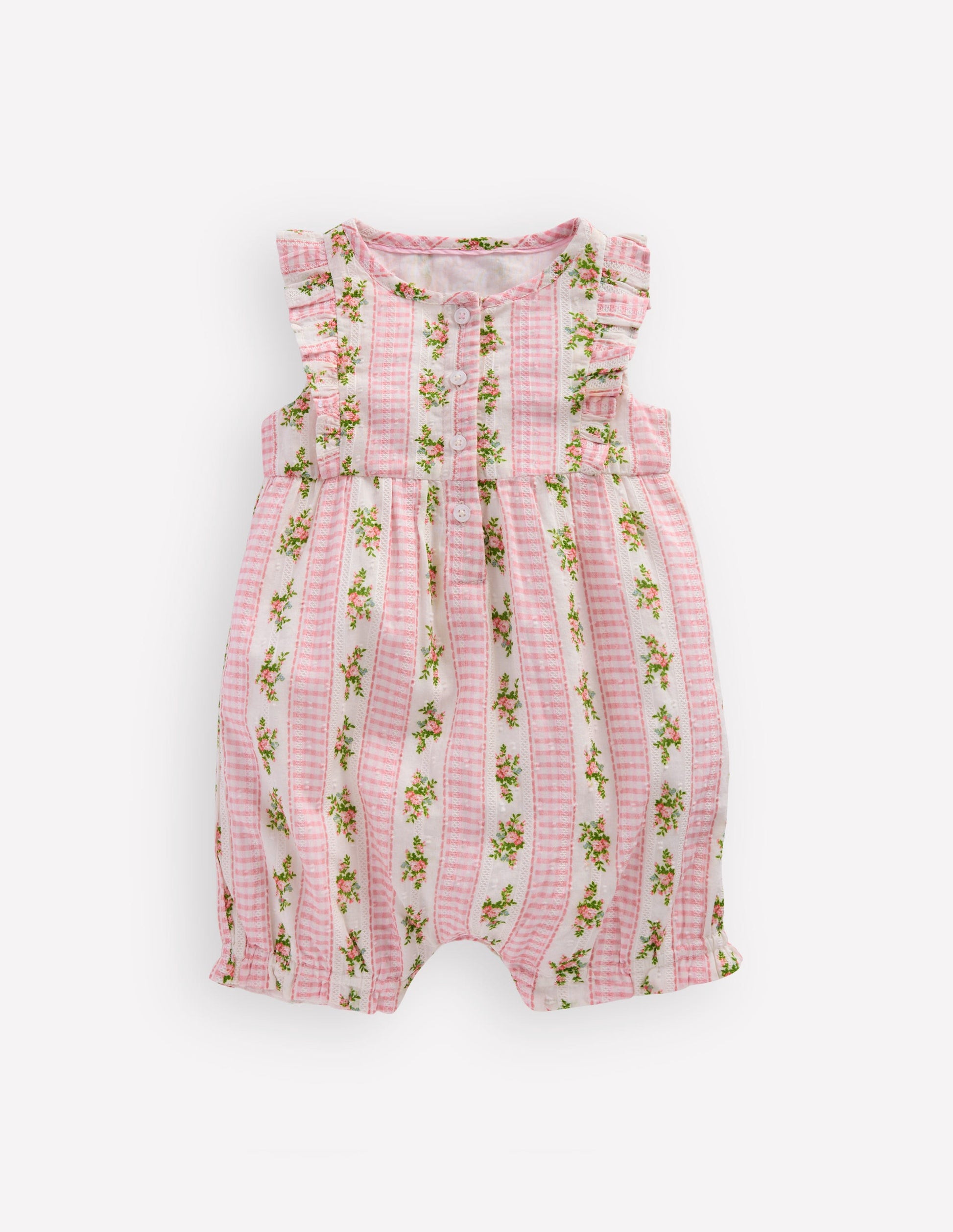 Short Frill Bubble Romper-Pink Gingham Floral-1