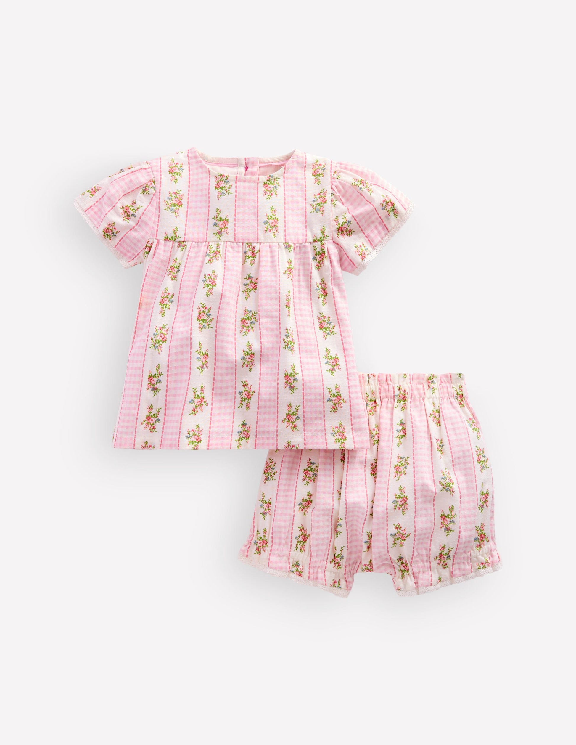 Gewebtes Spielset mit Pumphose-Rosa Vichykaro Blumenmuster-2