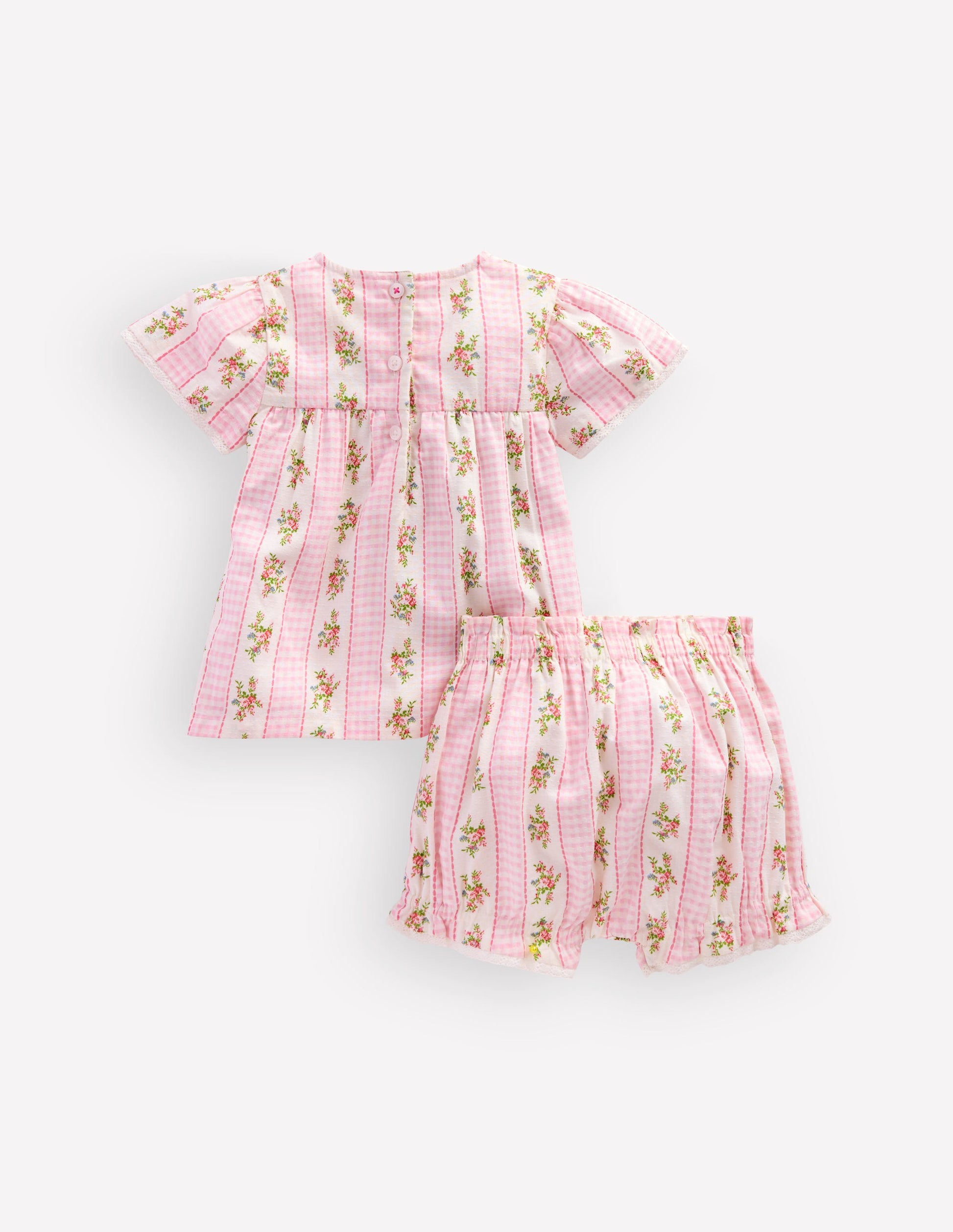 Gewebtes Spielset mit Pumphose-Rosa Vichykaro Blumenmuster-3