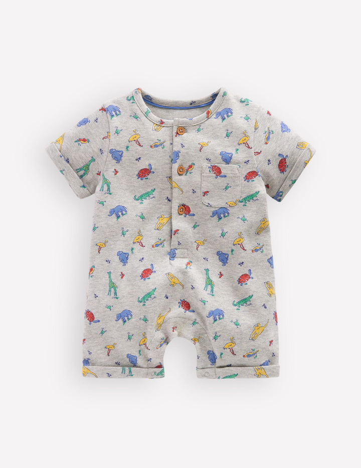 Kurzärmliger Jersey-Strampler-Grau Meliert Dschungeltiere