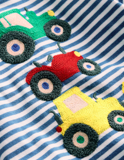 Long Sleeve Applique T-Shirt-Blue Stripe Tractors-3