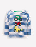T-shirt manches longues à appliqué-Tracteurs rayé bleu