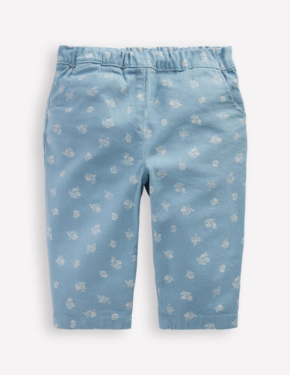 Cotton Pull-on Trousers-Blue Floral Print-1