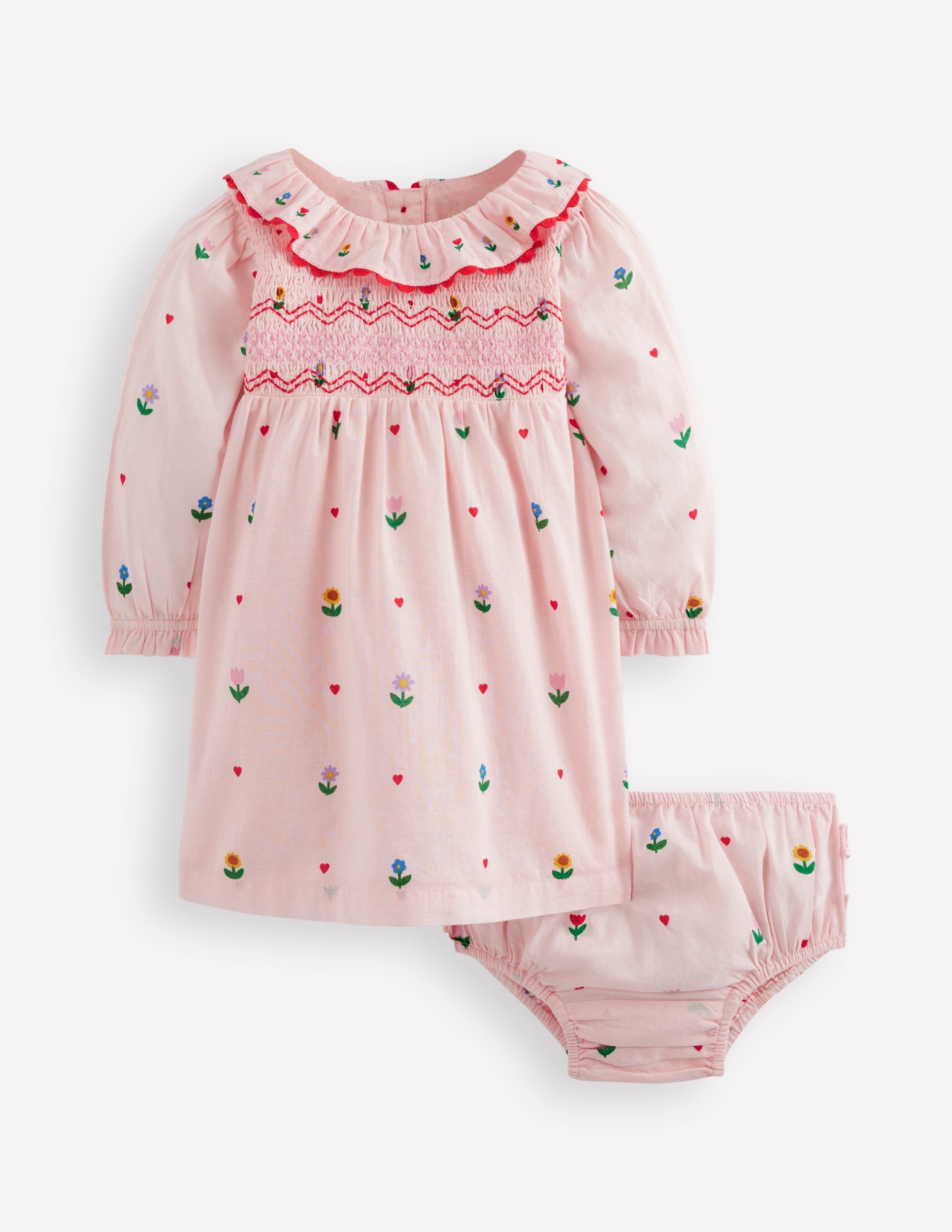 Besticktes Kleid mit Smok-Arbeit-Rosa Buntes Blumenmuster Herzchen - Image 1