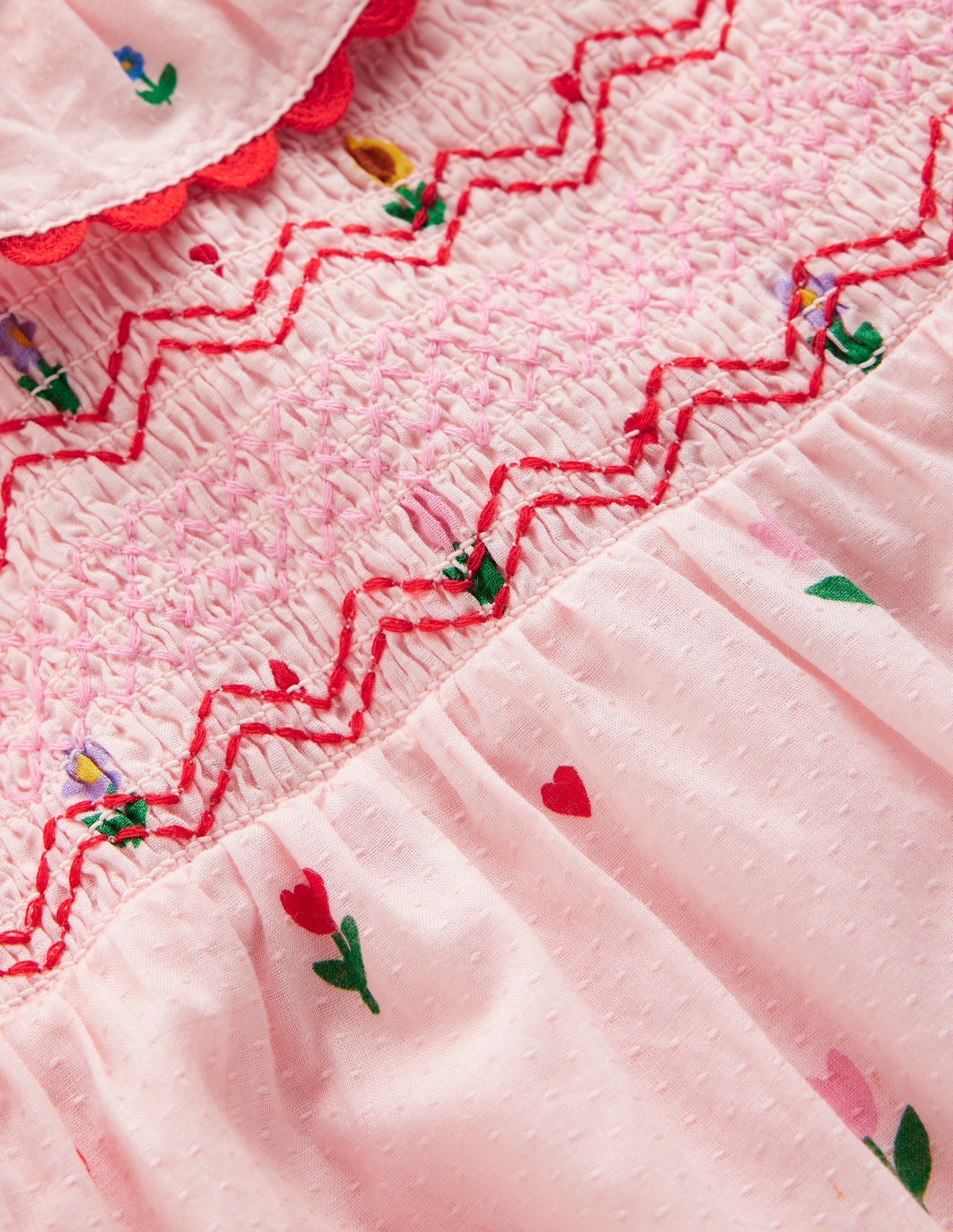 Besticktes Kleid mit Smok-Arbeit-Rosa Buntes Blumenmuster Herzchen - Image 3