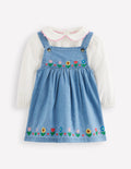 Besticktes Schürzenkleid-Set-Faux-Uni, Blumenstickerei