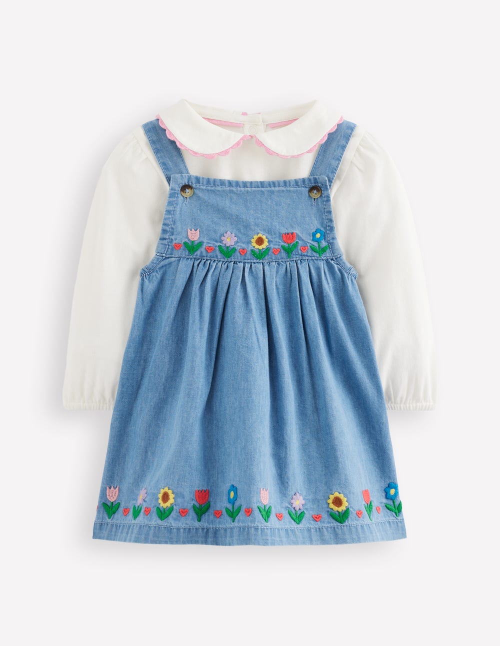 Ensemble avec robe chasuble brodée-Broderie florale chambray - Image 1