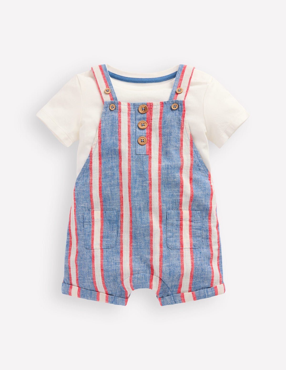 Ensemble avec salopette courte tissée-Rayé bleu et rouge - Image 1