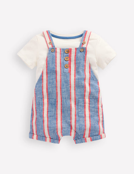 Short Woven Dungarees Set-Blue and Red Stripe