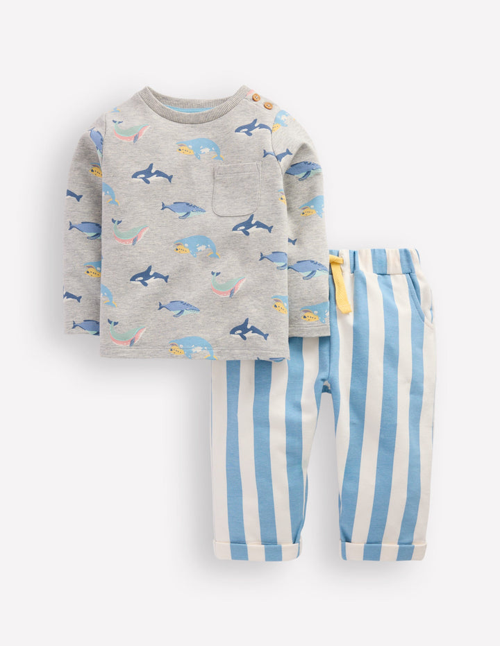 Gestreiftes Sweatshirt-Spielset-Blau Streifen Wale