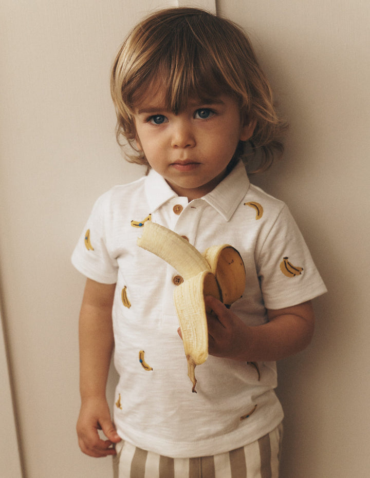 Besticktes Polohemd-Naturweiß Bananen