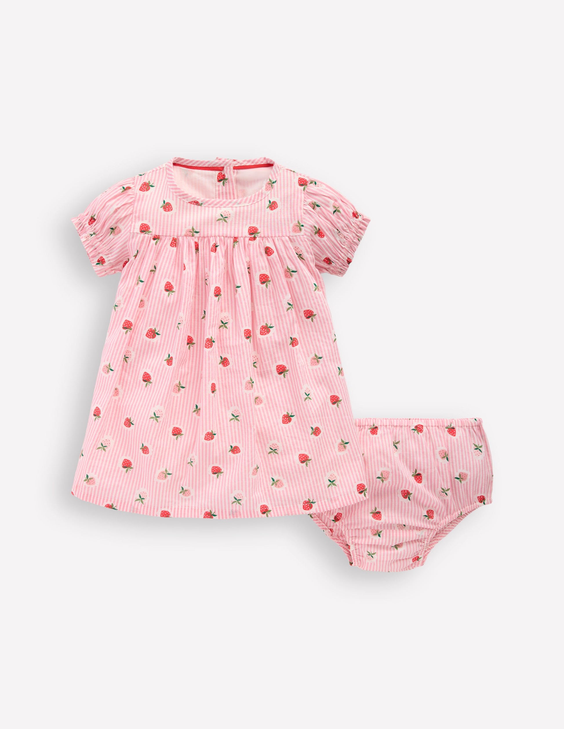 Gerafftes, gewebtes Kleid-Rosa Erdbeermuster Streifen-1
