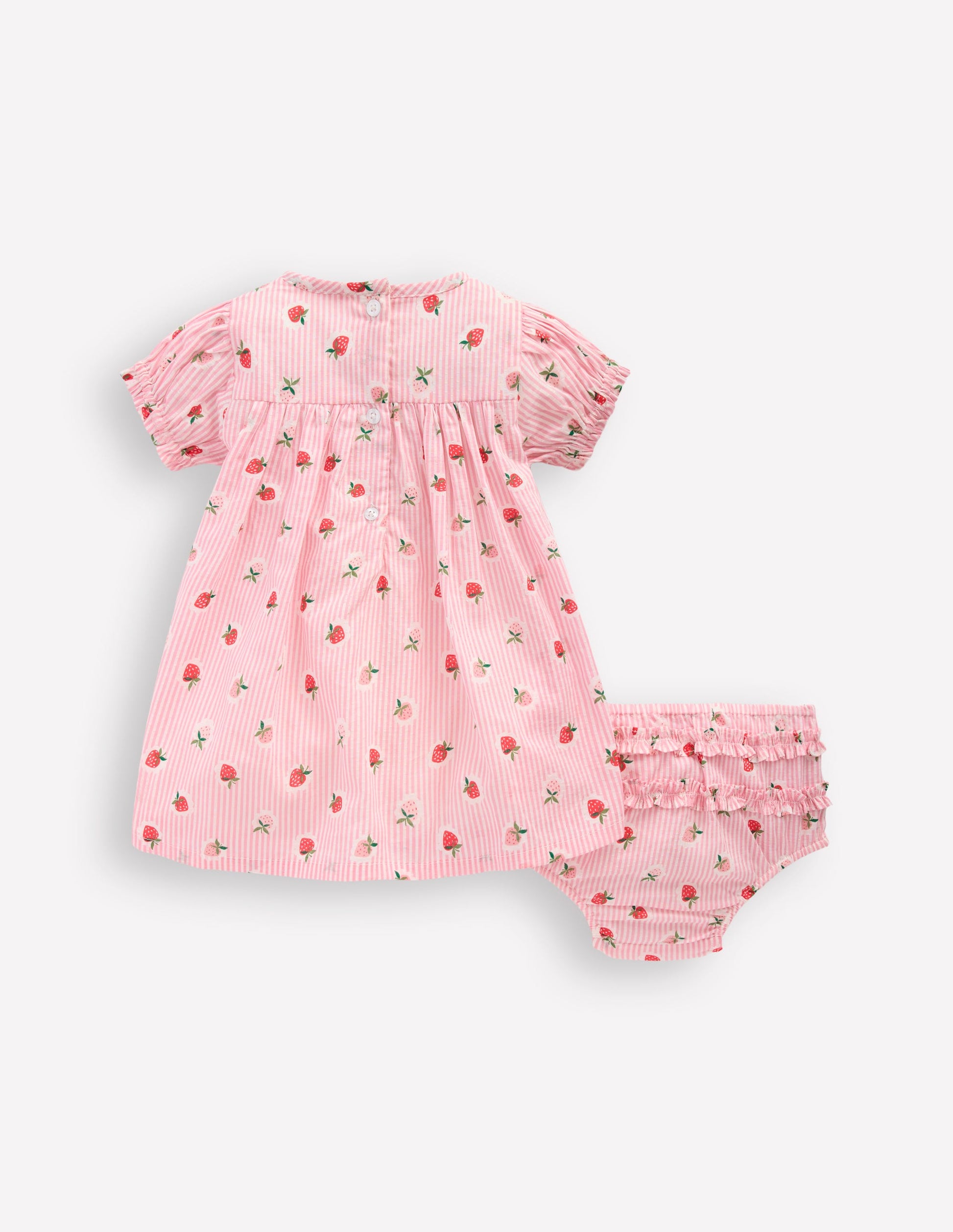 Gerafftes, gewebtes Kleid-Rosa Erdbeermuster Streifen-2