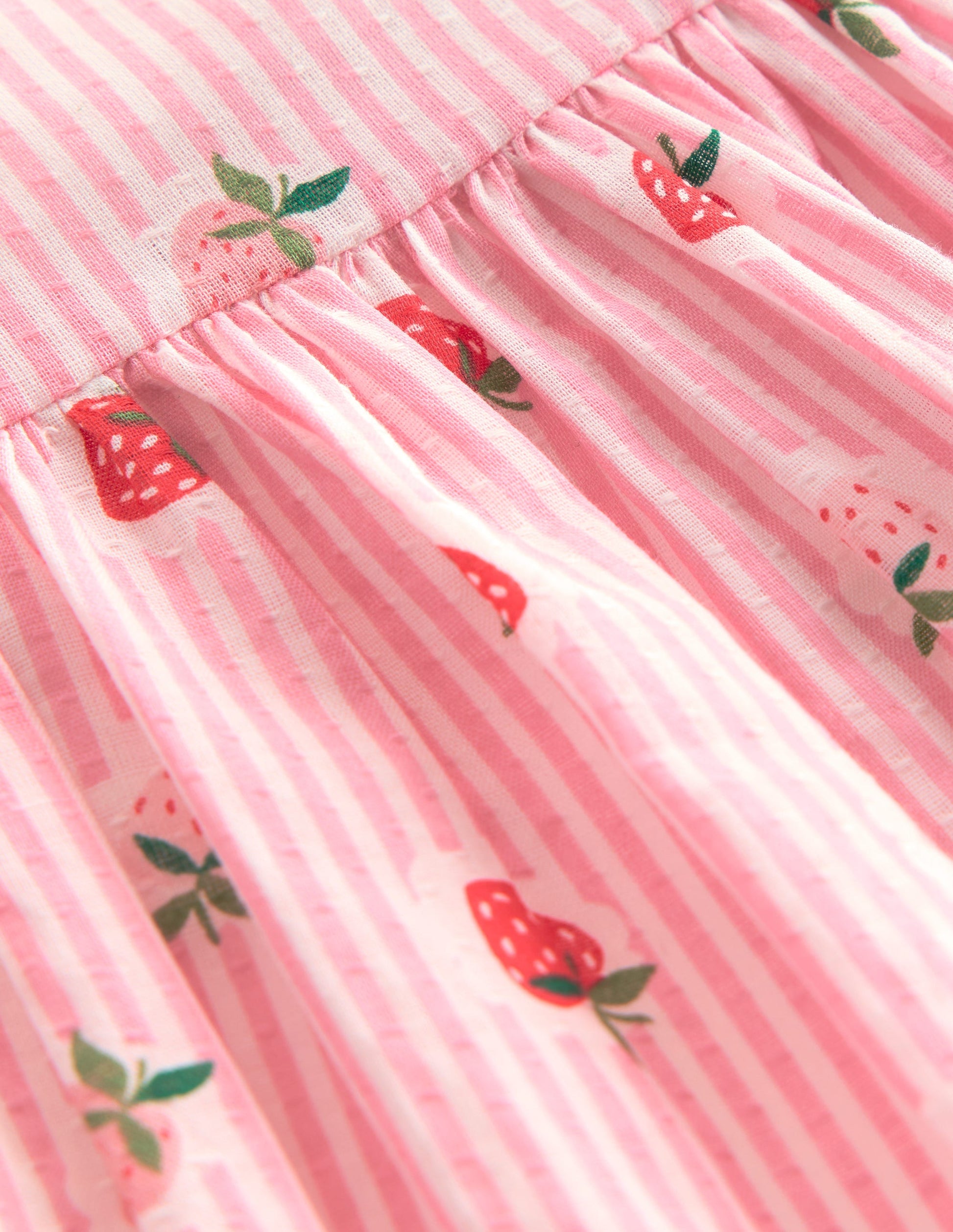 Gerafftes, gewebtes Kleid-Rosa Erdbeermuster Streifen-3