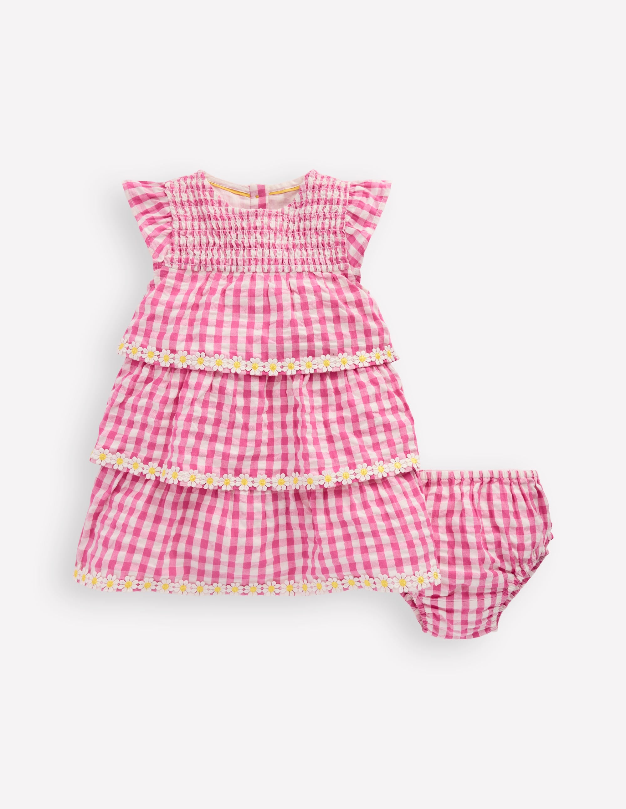 Gestuftes, gewebtes Kleid-Rosa Vichykaro Gänseblümchen - Image 1