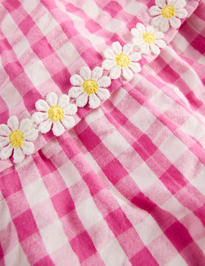 Gestuftes, gewebtes Kleid-Rosa Vichykaro Gänseblümchen-3