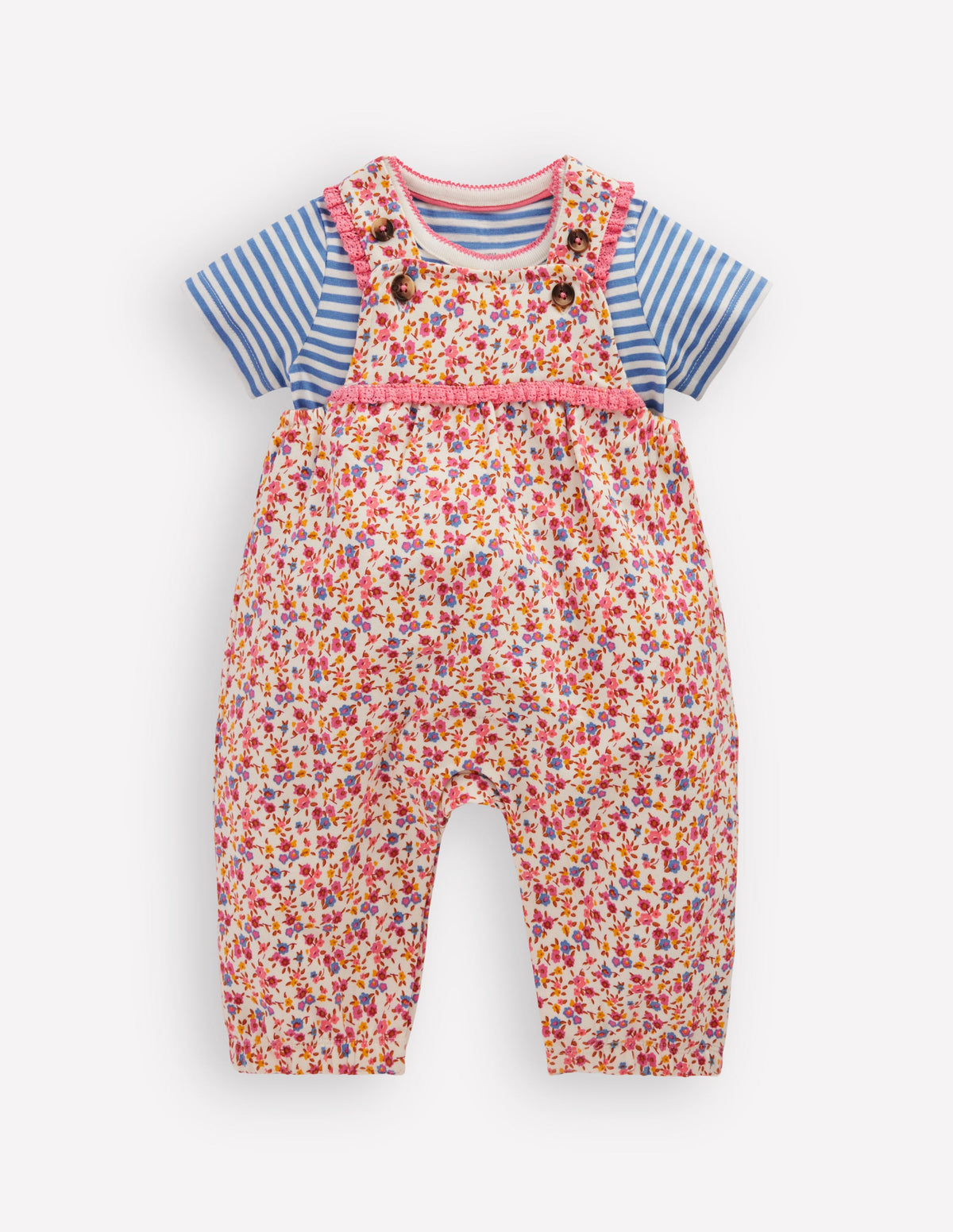 Kurze Jersey-Latzhose-Rosa, Filigranes Blumenmuster - Image 1