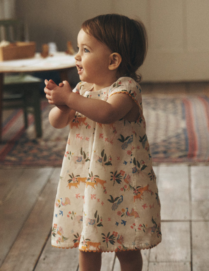 Fließendes, gerafftes Kleid-Naturweiß Dschungeltiere