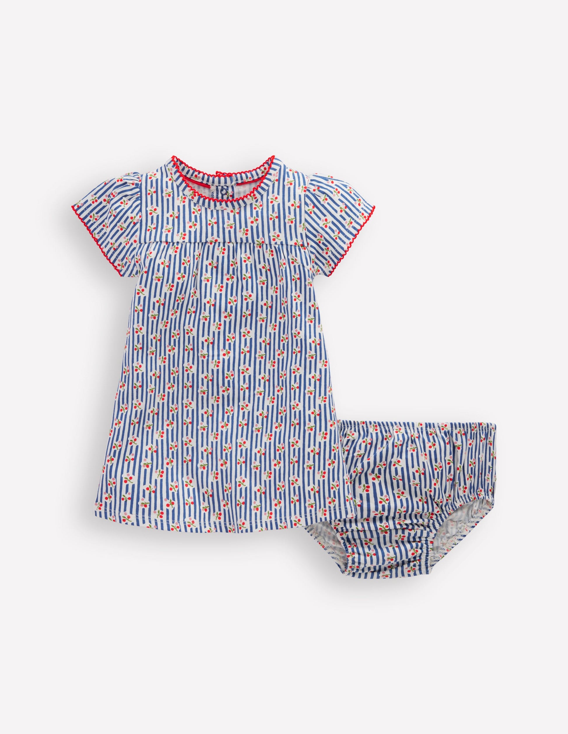 Gerafftes Jerseykleid-Blauhäher Kirschen Streifen-1