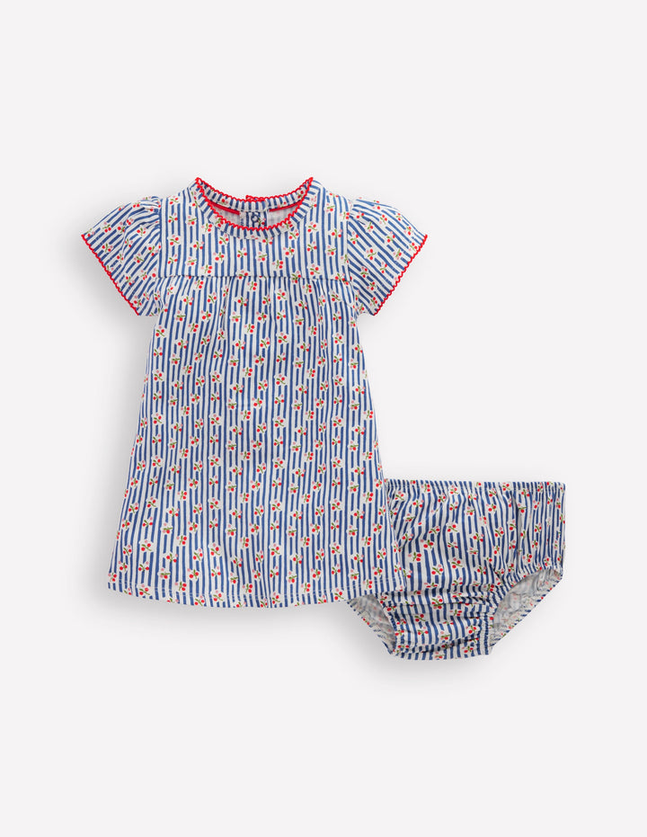 Gerafftes Jerseykleid-Blauhäher Kirschen Streifen