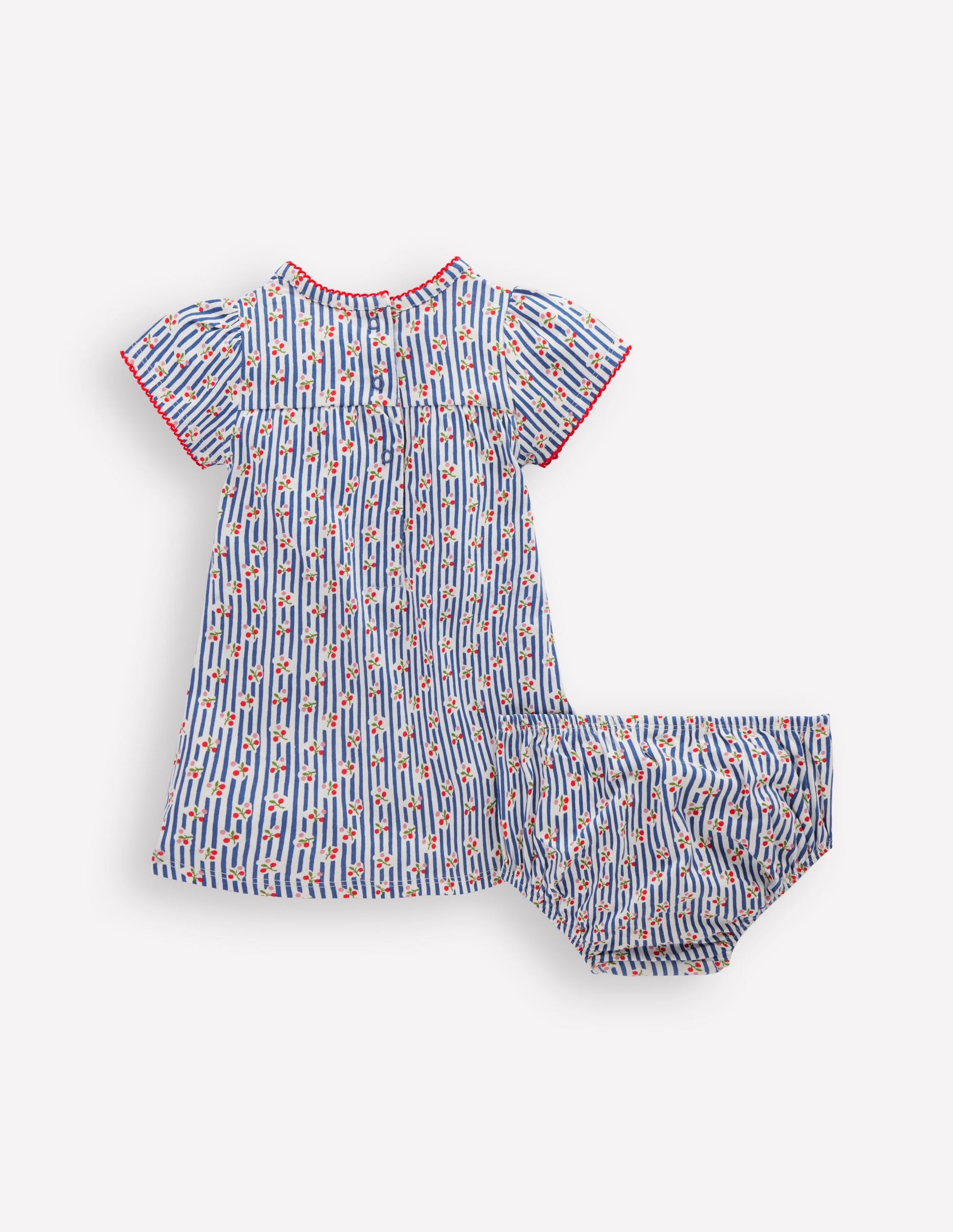 Gerafftes Jerseykleid-Blauhäher Kirschen Streifen-2