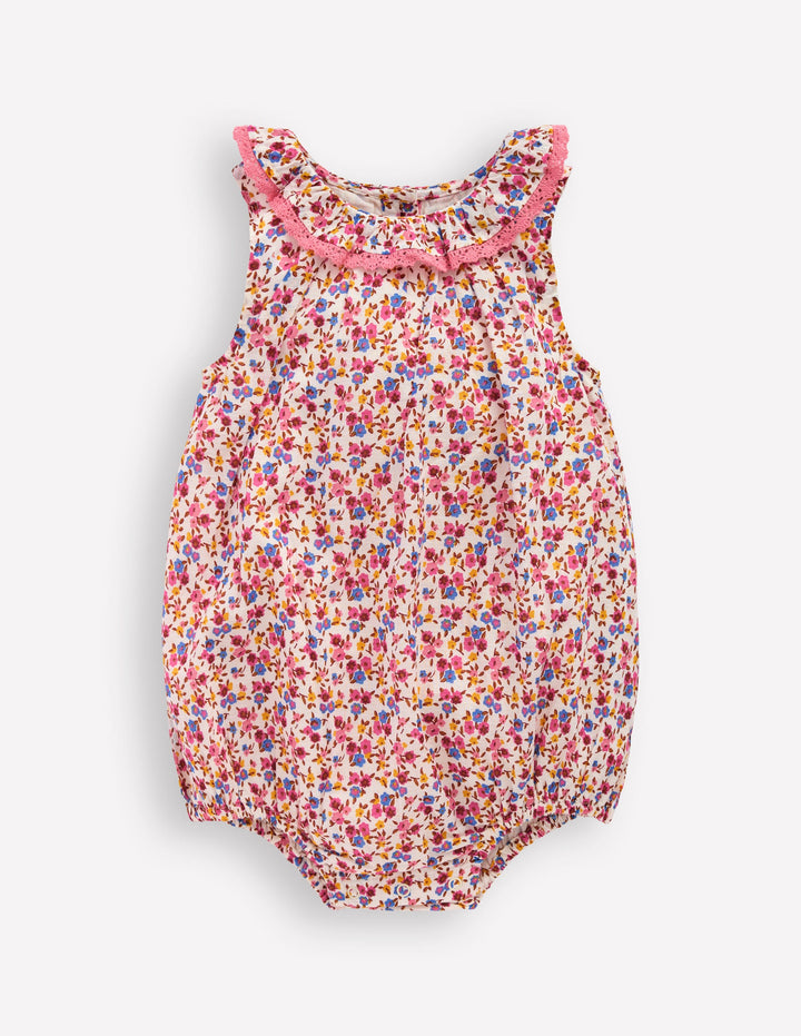 Barboteuse effet bulle à col volanté-Motif petites fleurs rose