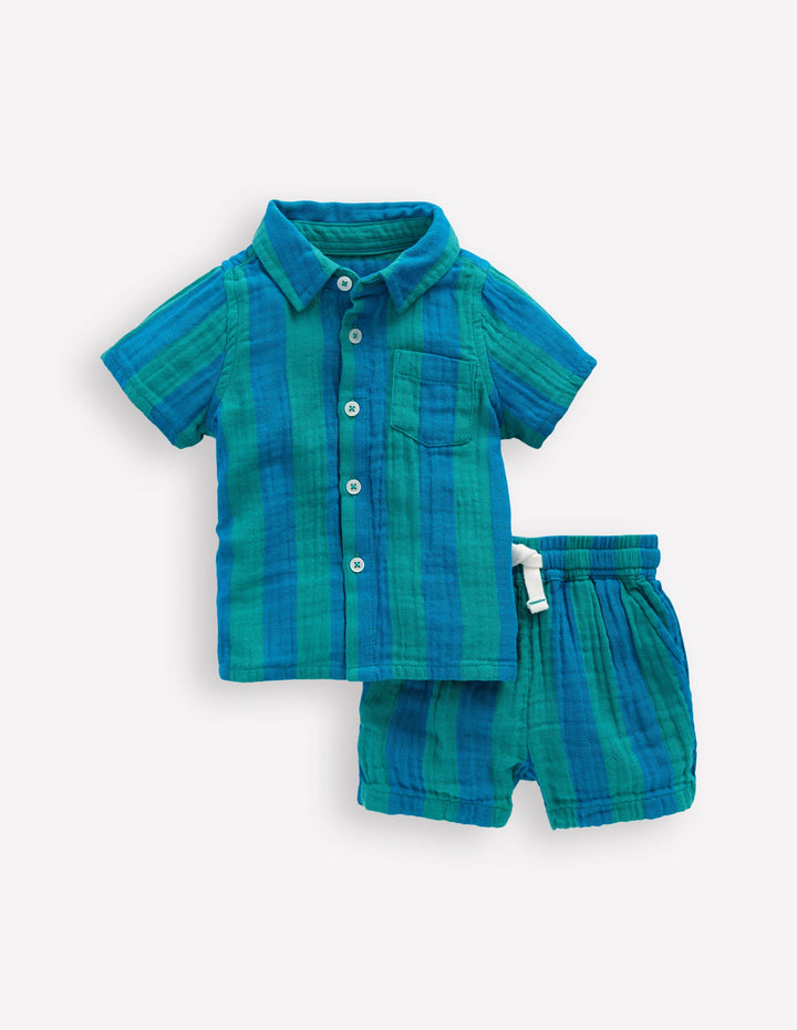 Ensemble tissé avec chemise-Rayé bleu et vert