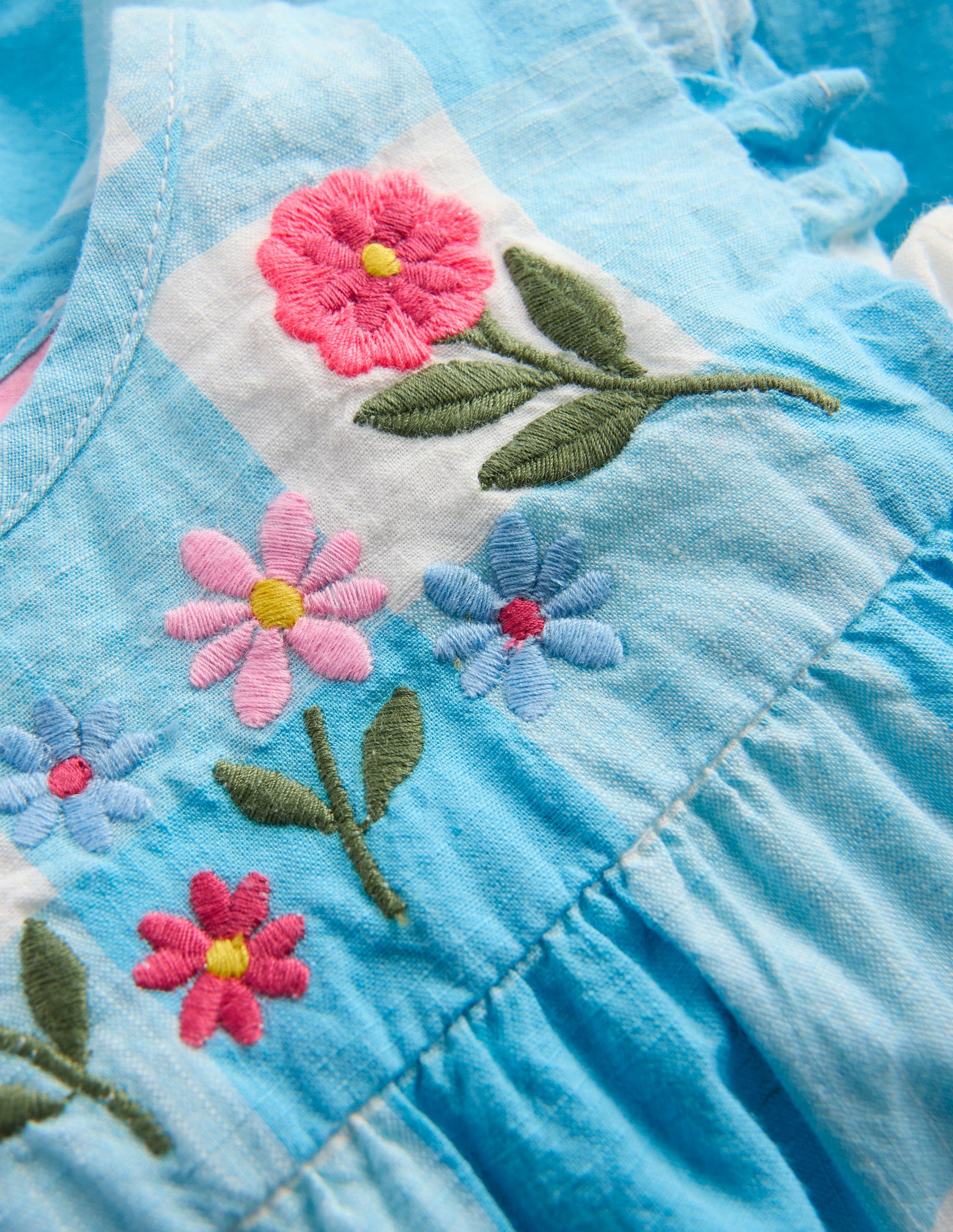 Gewebtes Spielset mit hübschem Besatz-Blau Vichykaro Stickerei-3