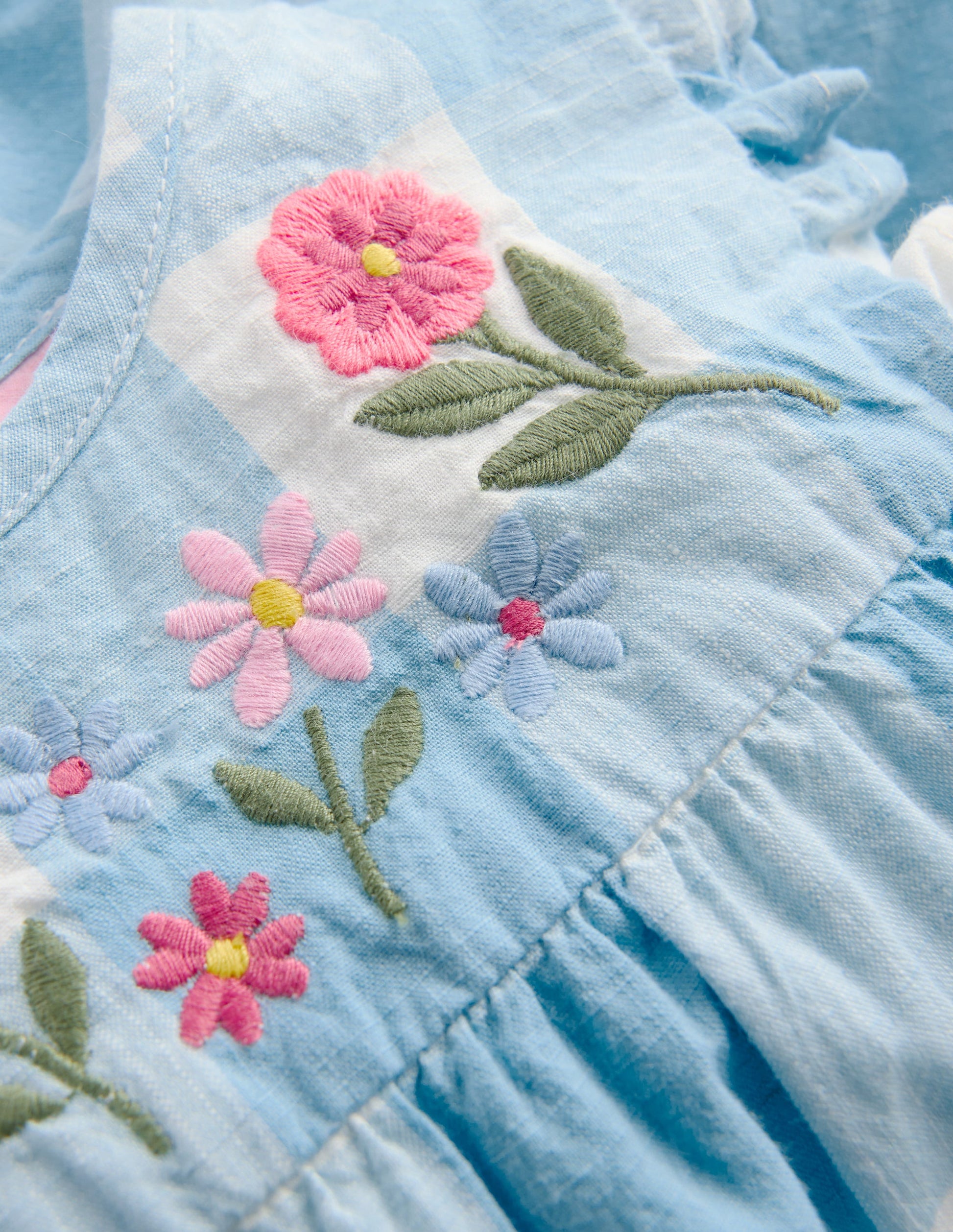 Ensemble tissé ravissant à détails-Broderie vichy bleu-3