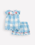 Ensemble tissé ravissant à détails-Broderie vichy bleu