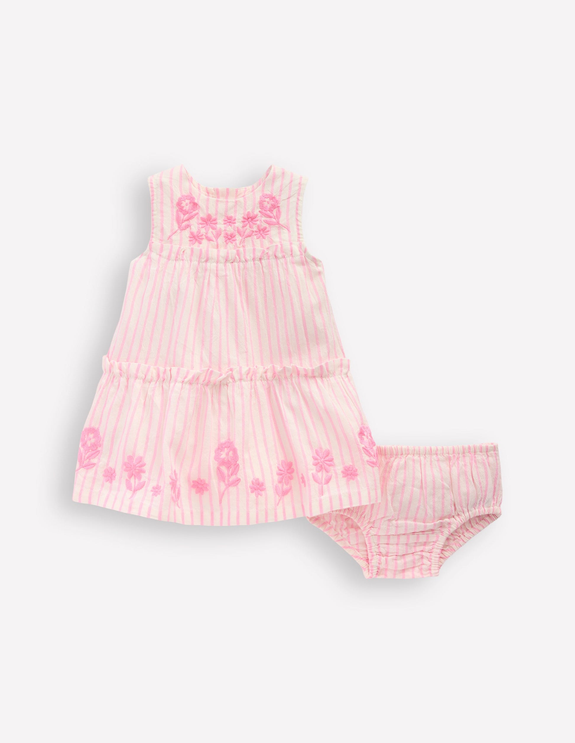 Robe à volants-Rayé et brodé rose-1