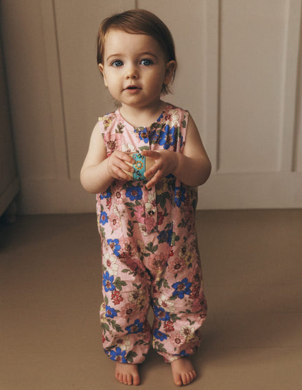 Strampler zum Zuknöpfen für Mädchen-Mittelrosa Blumenmuster