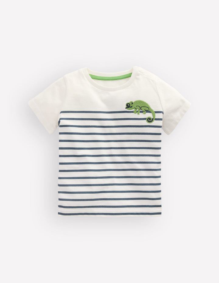Besticktes T-Shirt für Jungen-Blau Streifen Chamäleon