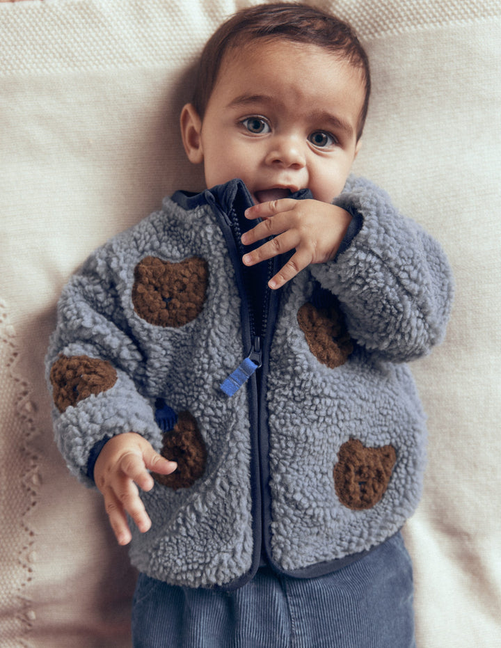 Cosy Borg Jacket-Blue Bear Applique