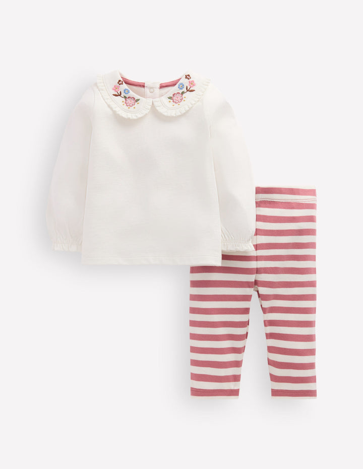 Jersey-Set mit Kragen-Naturweiß/Rosa Bestickt