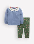 Jersey-Set mit Kragen-Französischblau & Grünes Blumenmuster
