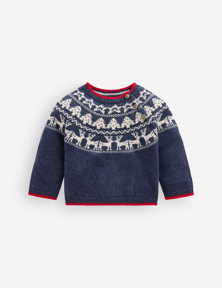Fair-Isle-Pullover-Schuluniform-Marineblau Meliert Festlich