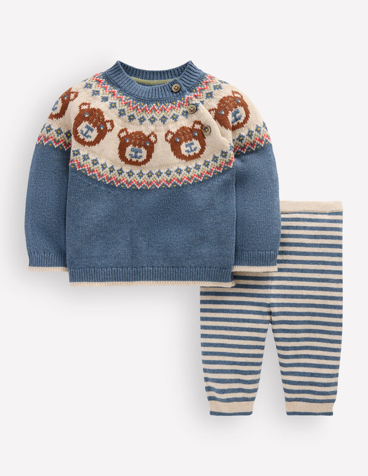Spielset aus Fair-Isle-Strick-Denim-Blau Bären Fair-Isle