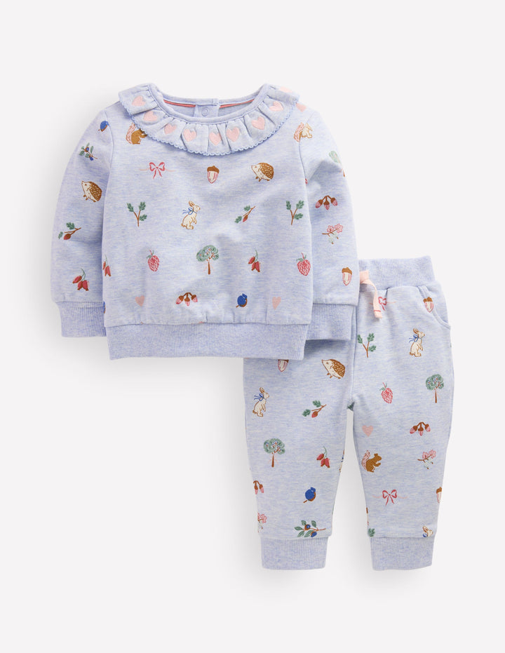 Sweatshirt-Set mit Rüschenausschnitt-Blau Meliert