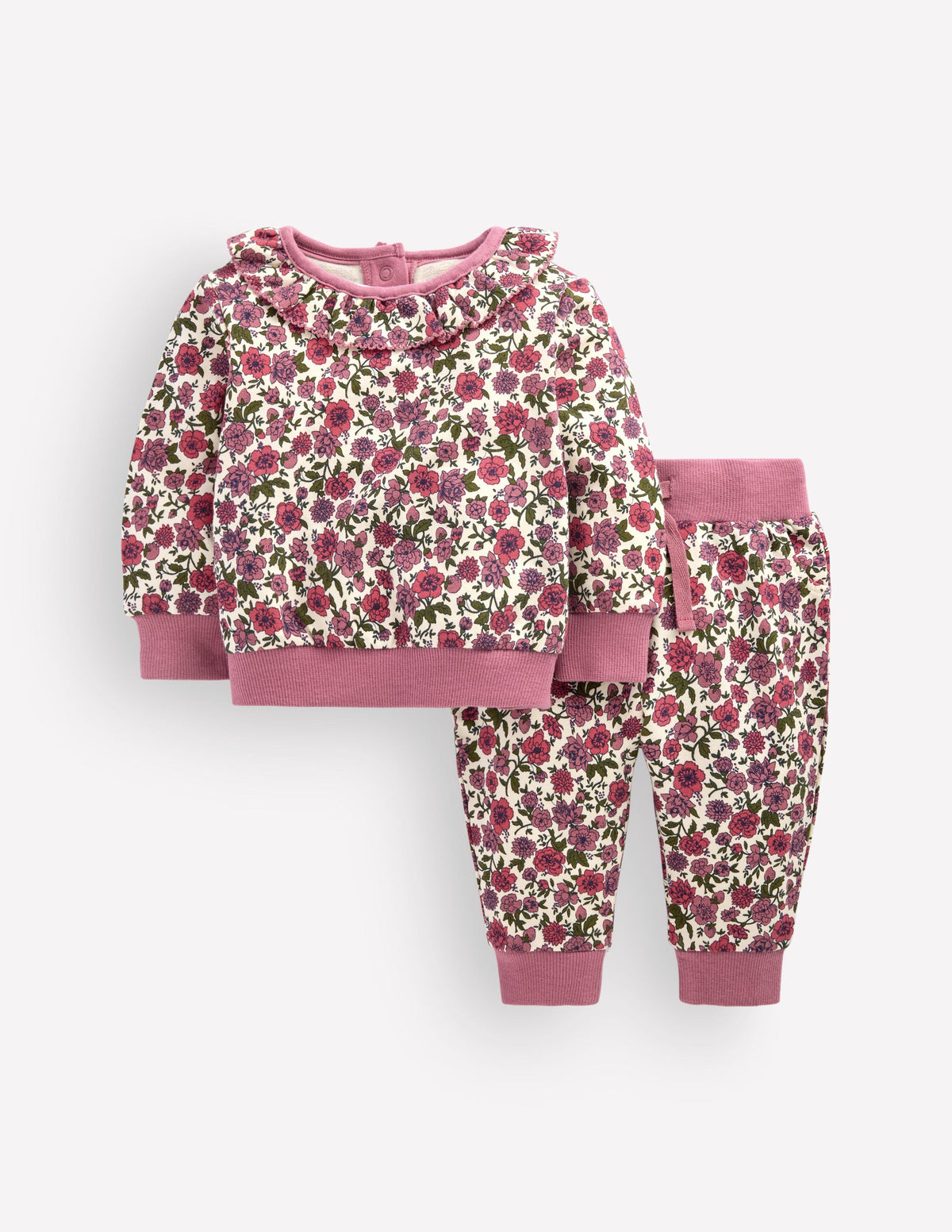 Ruffle Neck Sweatshirt Set-Vintage Pink Flowerbed-1