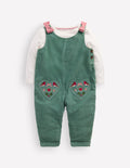 Ensemble avec salopette tissée-Broderie festive vert mélèze